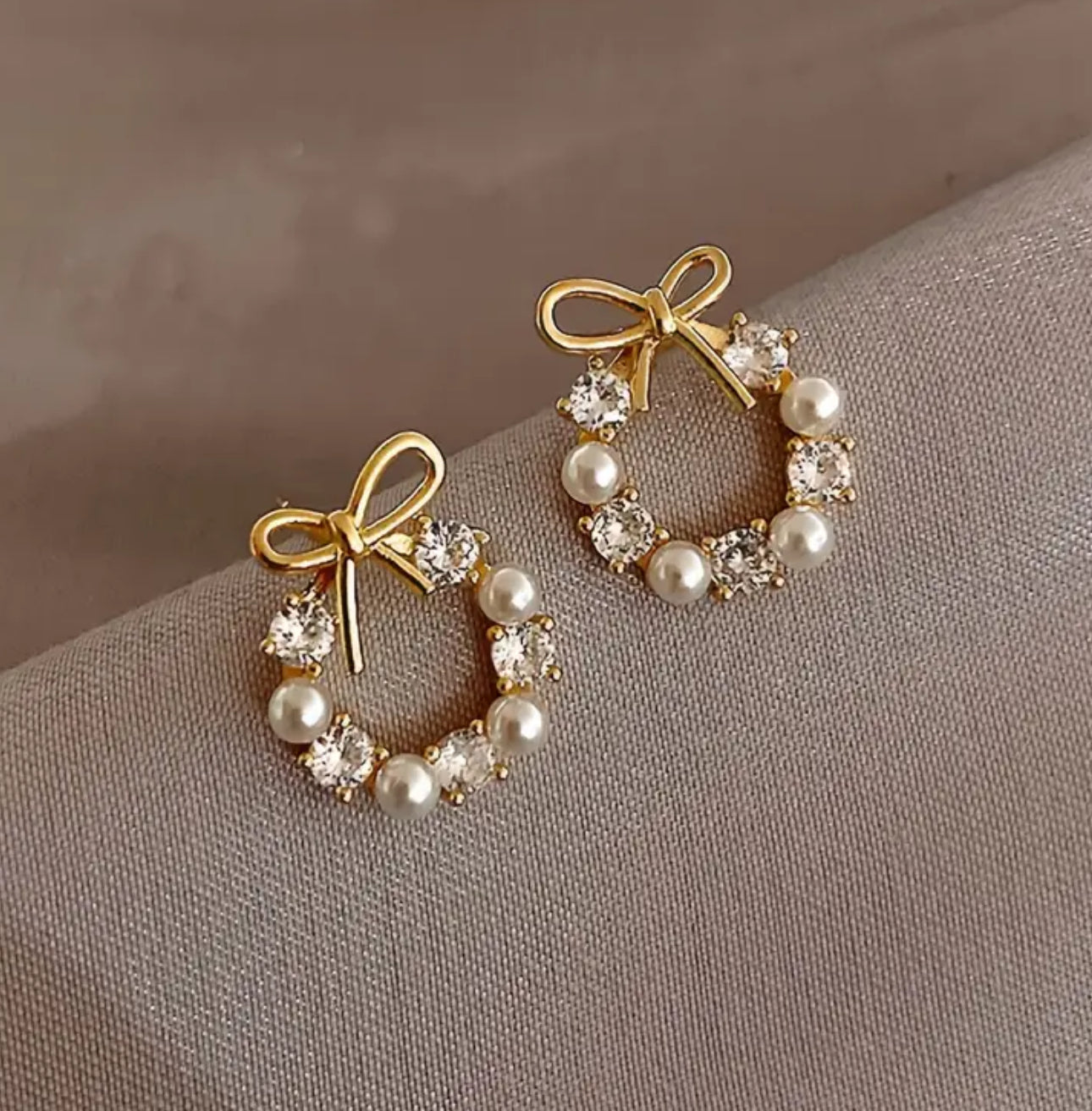 Cute Elegant Faux Pearl Bow Stud Earrings-18K Gold Plated Post Stainless Steel