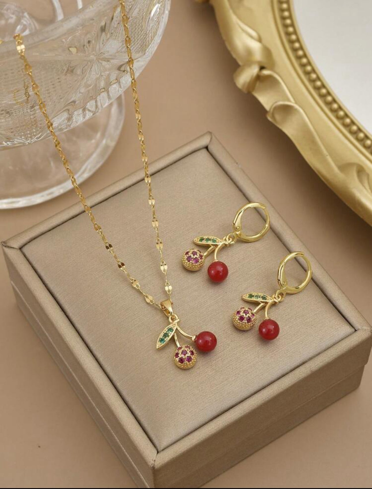 Elegant Red and Gold Cherry Necklace and Drop Earrings Set with Inlaid Stones and Dancing Chain| 18K Gold Plated Stainless Steel Jewelry Set