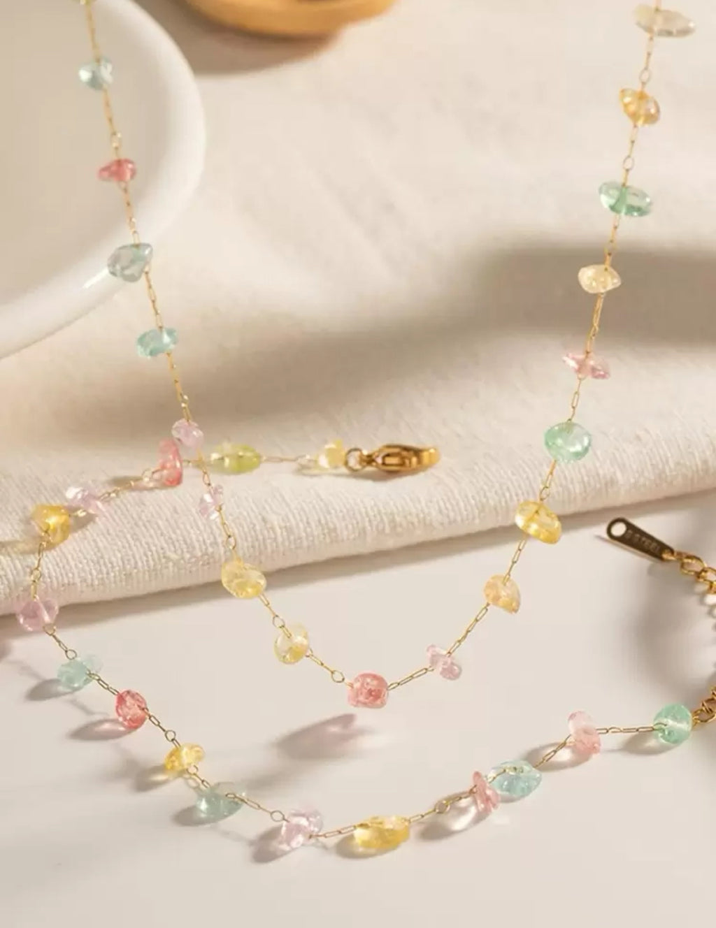 Cute Elegant Multi Color Stones 18k Gold Plated Stainless Steel Necklace and Bracelet Set