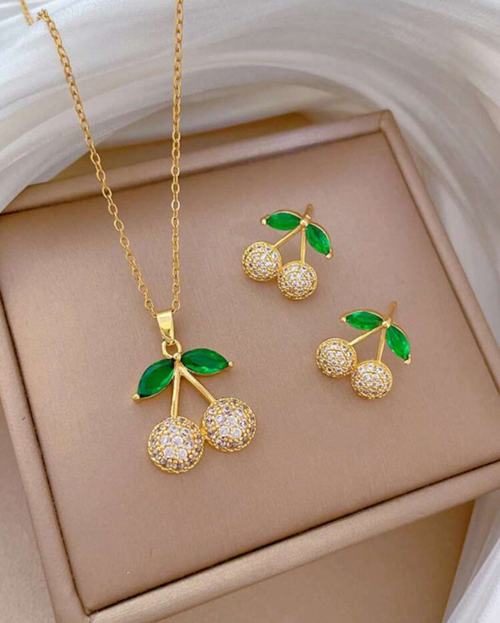 Simple Elegant Golden Cherry Necklace and Earrings Set with Inlaid Rhinestones|18K Gold Plated Stainless Steel Jewelry