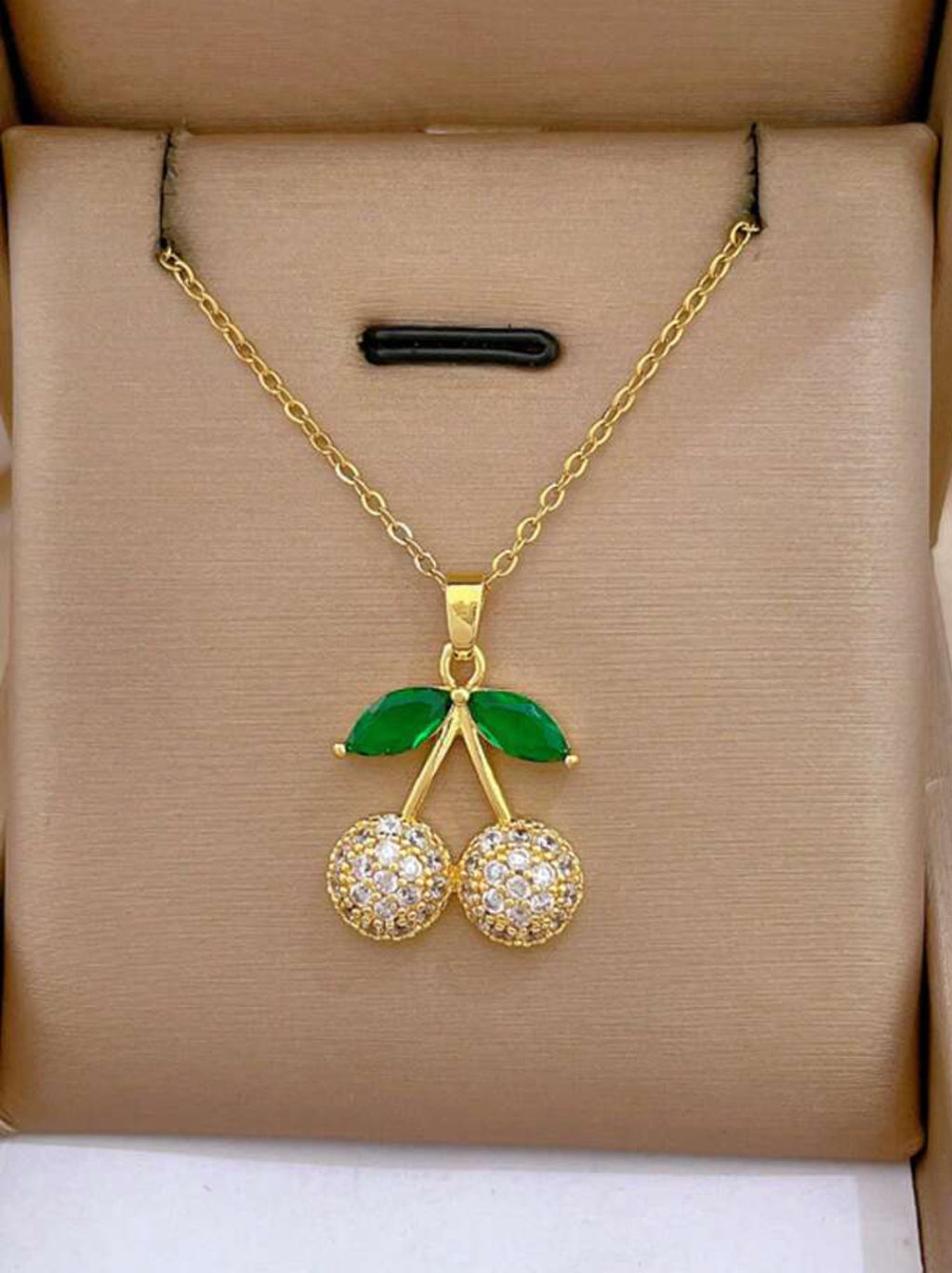 Simple Elegant Golden Cherry Necklace and Earrings Set with Inlaid Rhinestones|18K Gold Plated Stainless Steel Jewelry