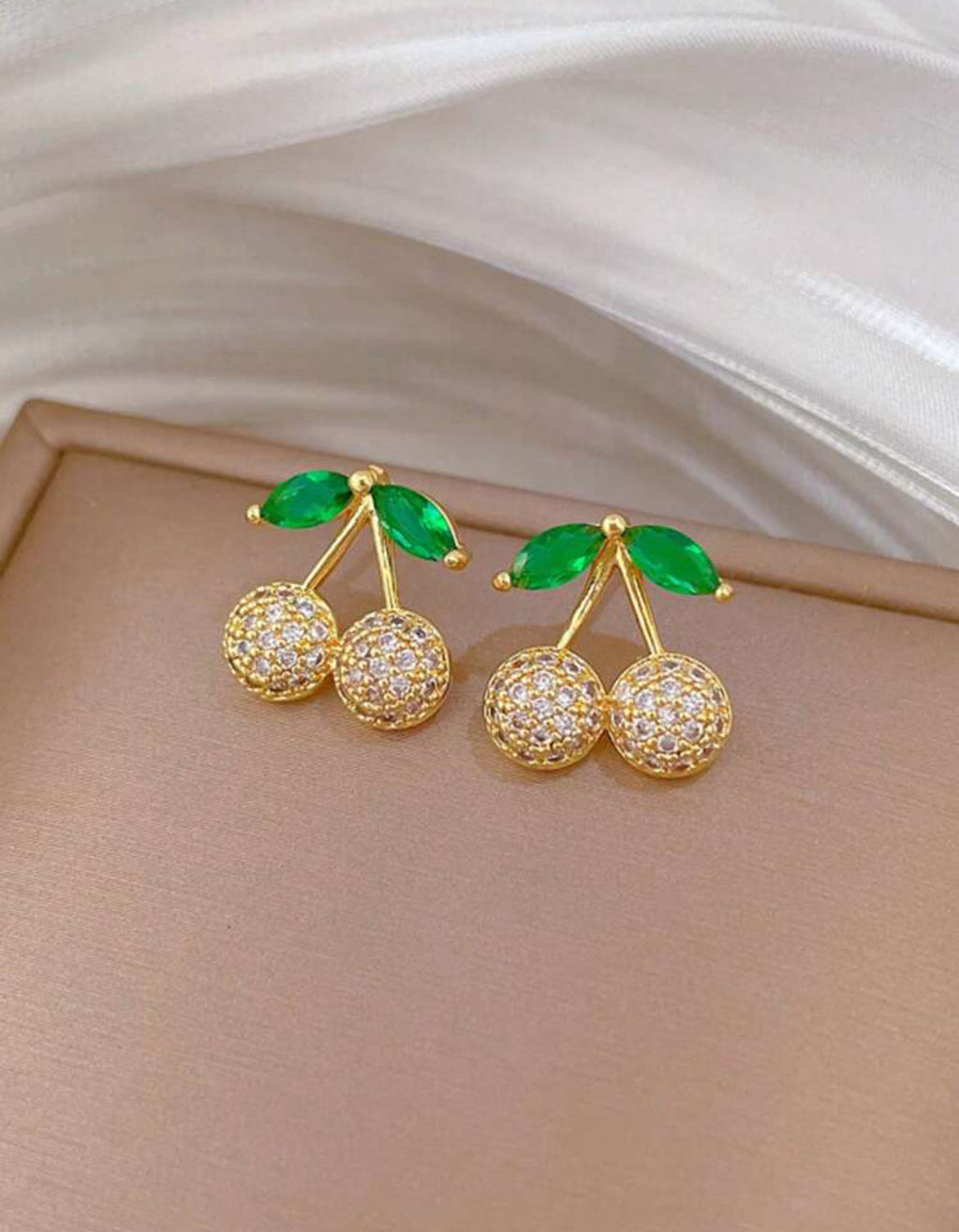 Simple Elegant Golden Cherry Necklace and Earrings Set with Inlaid Rhinestones|18K Gold Plated Stainless Steel Jewelry