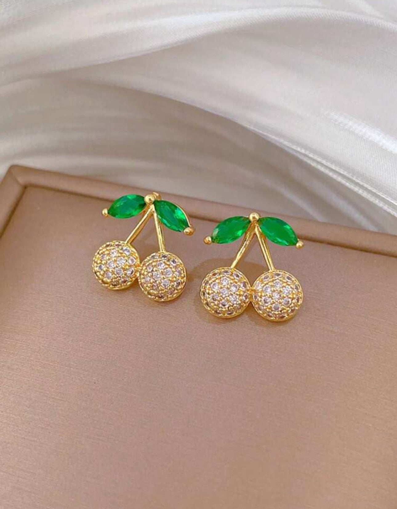 Simple Elegant Golden Cherry Necklace and Earrings Set with Inlaid Rhinestones|18K Gold Plated Stainless Steel Jewelry