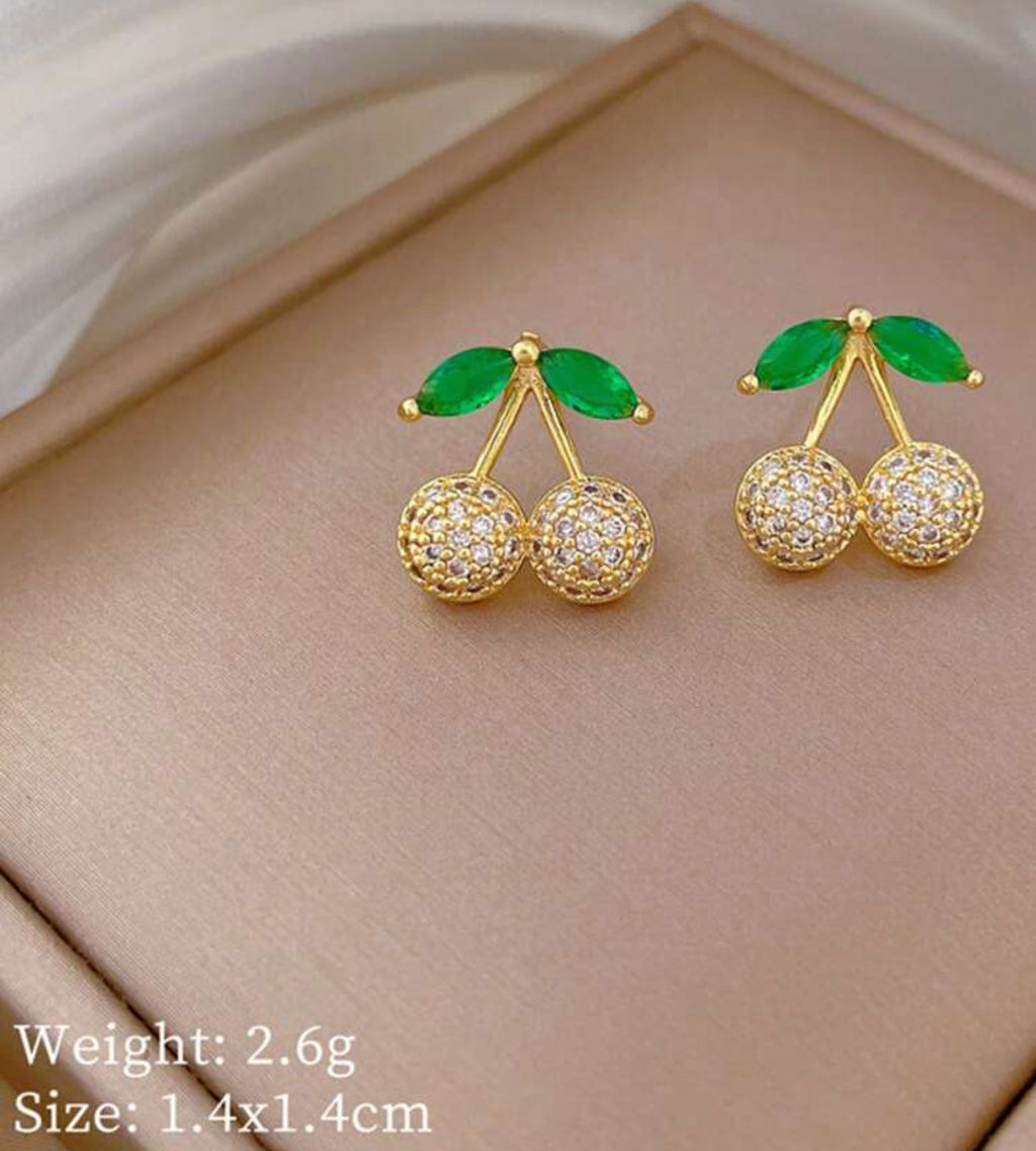 Simple Elegant Golden Cherry Necklace and Earrings Set with Inlaid Rhinestones|18K Gold Plated Stainless Steel Jewelry
