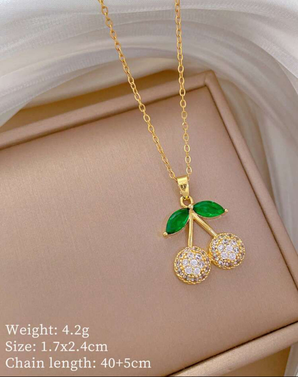 Simple Elegant Golden Cherry Necklace and Earrings Set with Inlaid Rhinestones|18K Gold Plated Stainless Steel Jewelry