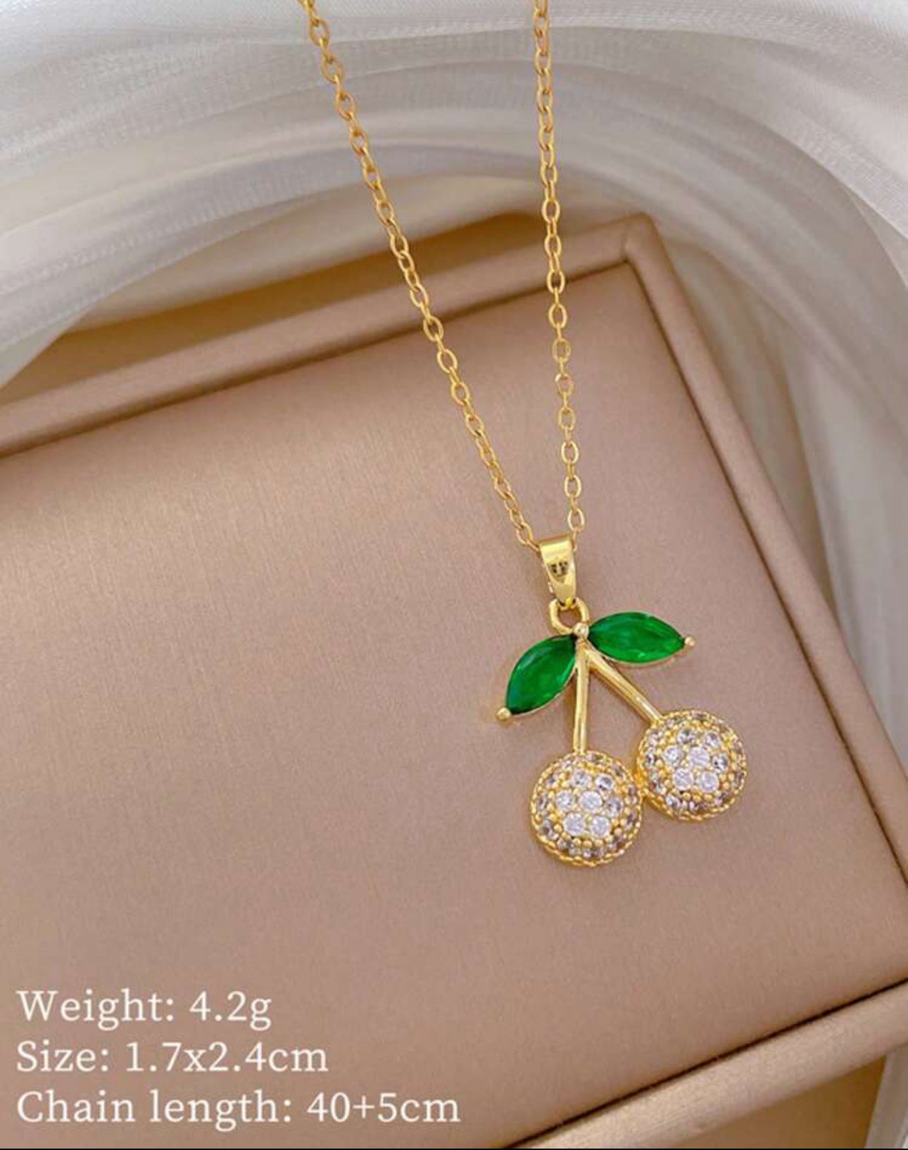 Simple Elegant Golden Cherry Necklace and Earrings Set with Inlaid Rhinestones|18K Gold Plated Stainless Steel Jewelry