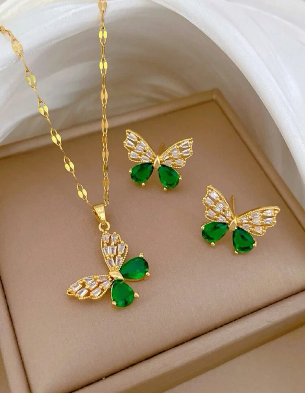 Elegant Butterfly with Inlaid Gem Stones and Dancing 18k Gold Plated Chain| Stainless Steel Necklace and Earrings Set
