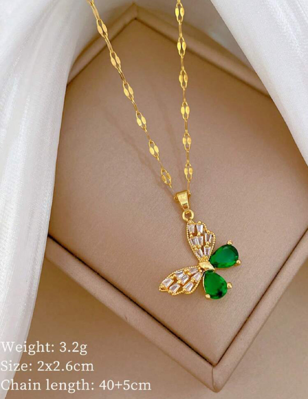 Elegant Butterfly with Inlaid Gem Stones and Dancing 18k Gold Plated Chain| Stainless Steel Necklace and Earrings Set