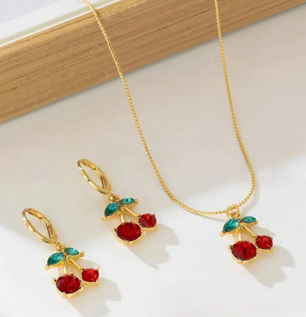 Cute Elegant Red Cherry Necklace and Earrings Set|18k Gold Plated Stainless Steel
