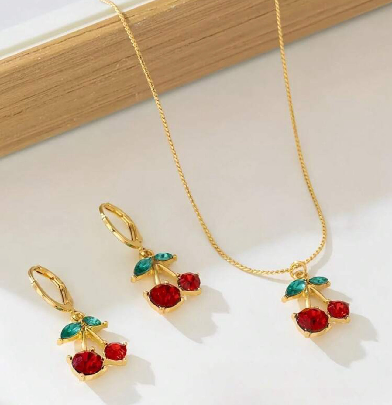 Cute Elegant Red Cherry Necklace and Earrings Set|18k Gold Plated Stainless Steel