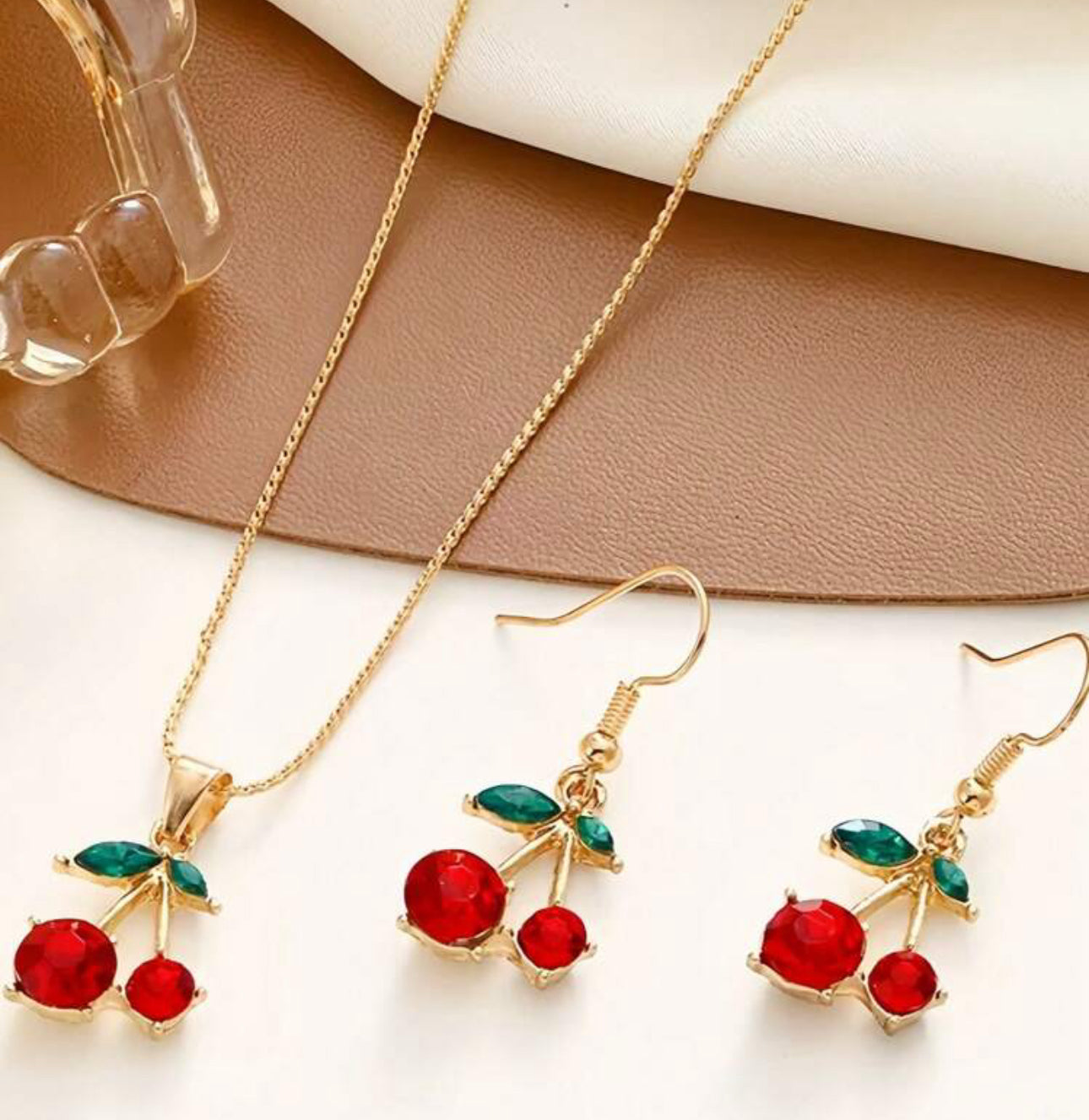 Cute Elegant Red Cherry Necklace and Earrings Set|18k Gold Plated Stainless Steel