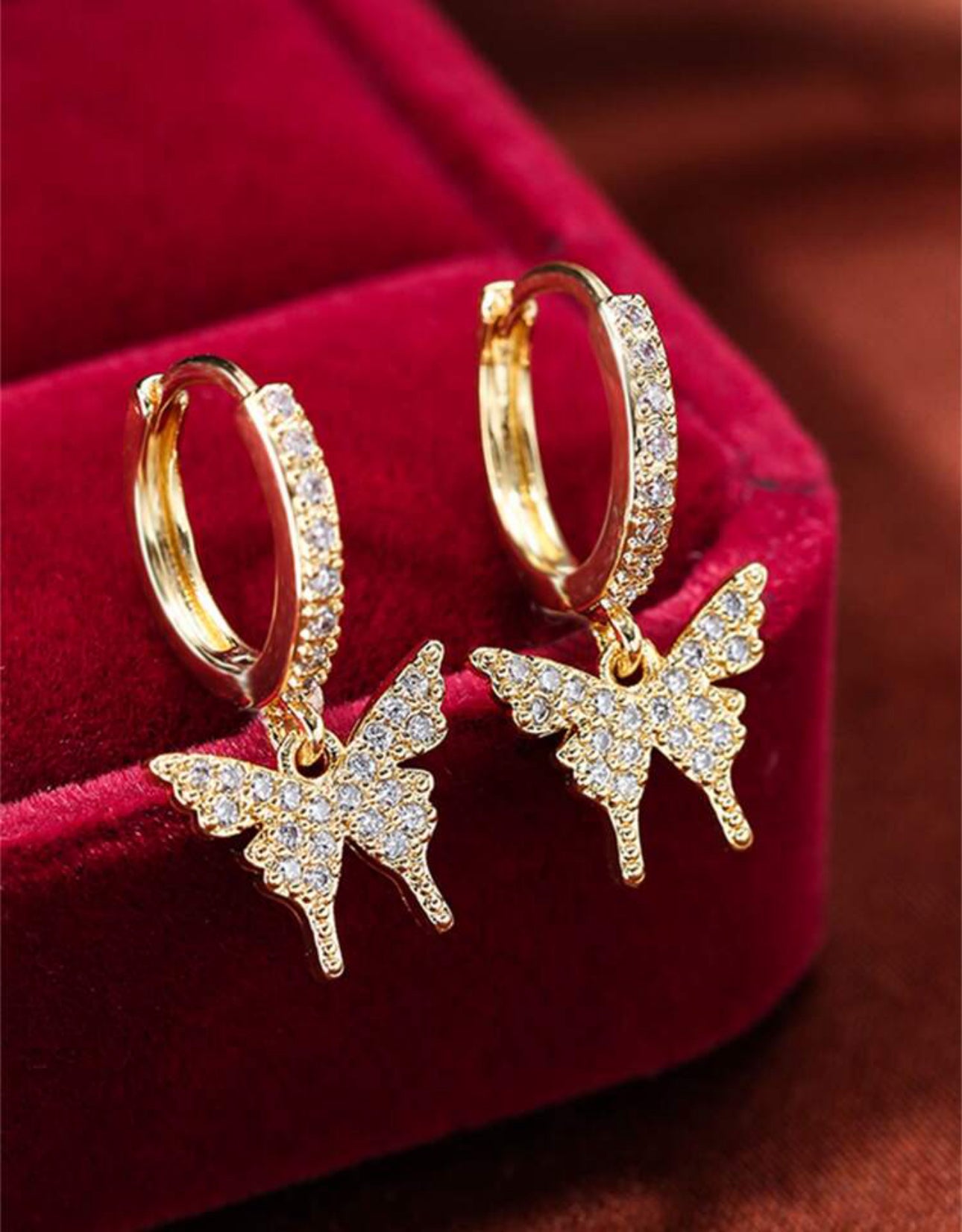 Luxury Drop Butterfly Earrings with Inlaid Rhinestones Accent—Stainless Steel|Non Tarnished | HypoallergenicMaterials