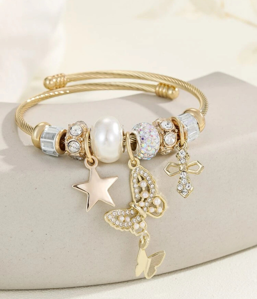 Stainless Steel Hypoallergenic Star and Butterfly Rhinestones Charm Bangle