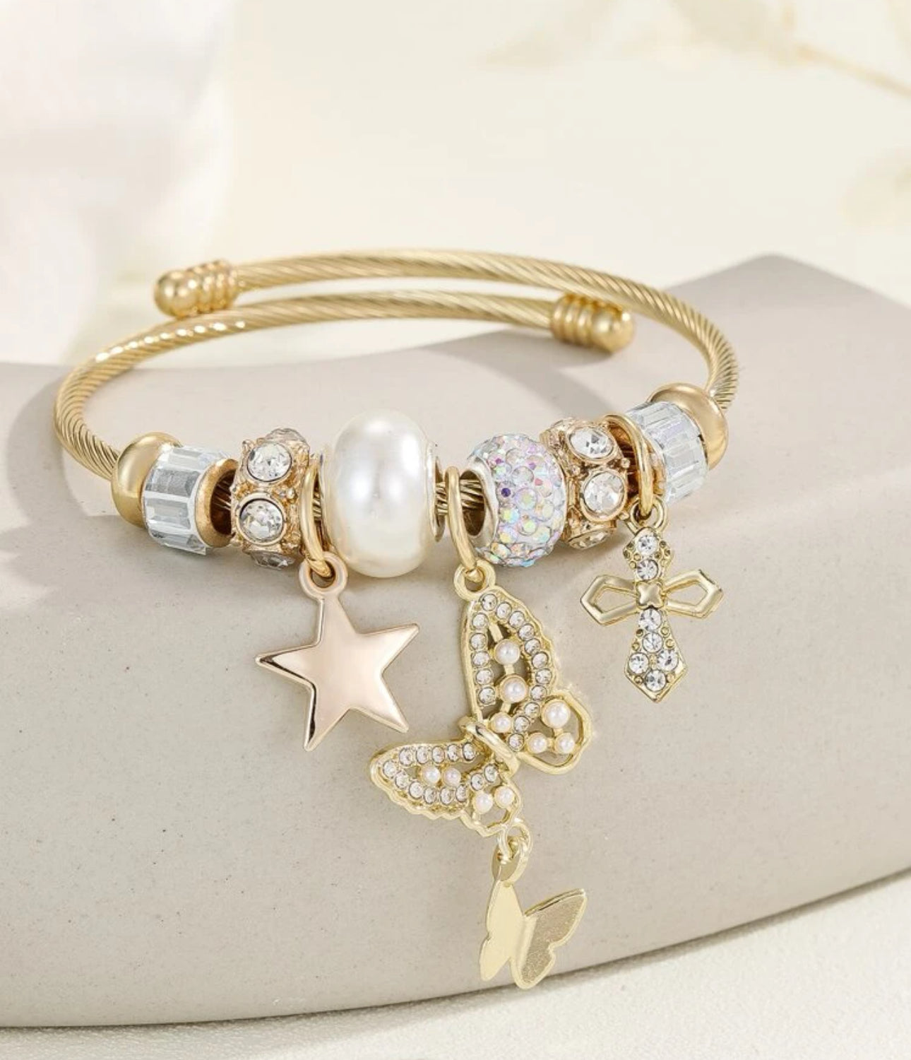 Stainless Steel Hypoallergenic Star and Butterfly Rhinestones Charm Bangle