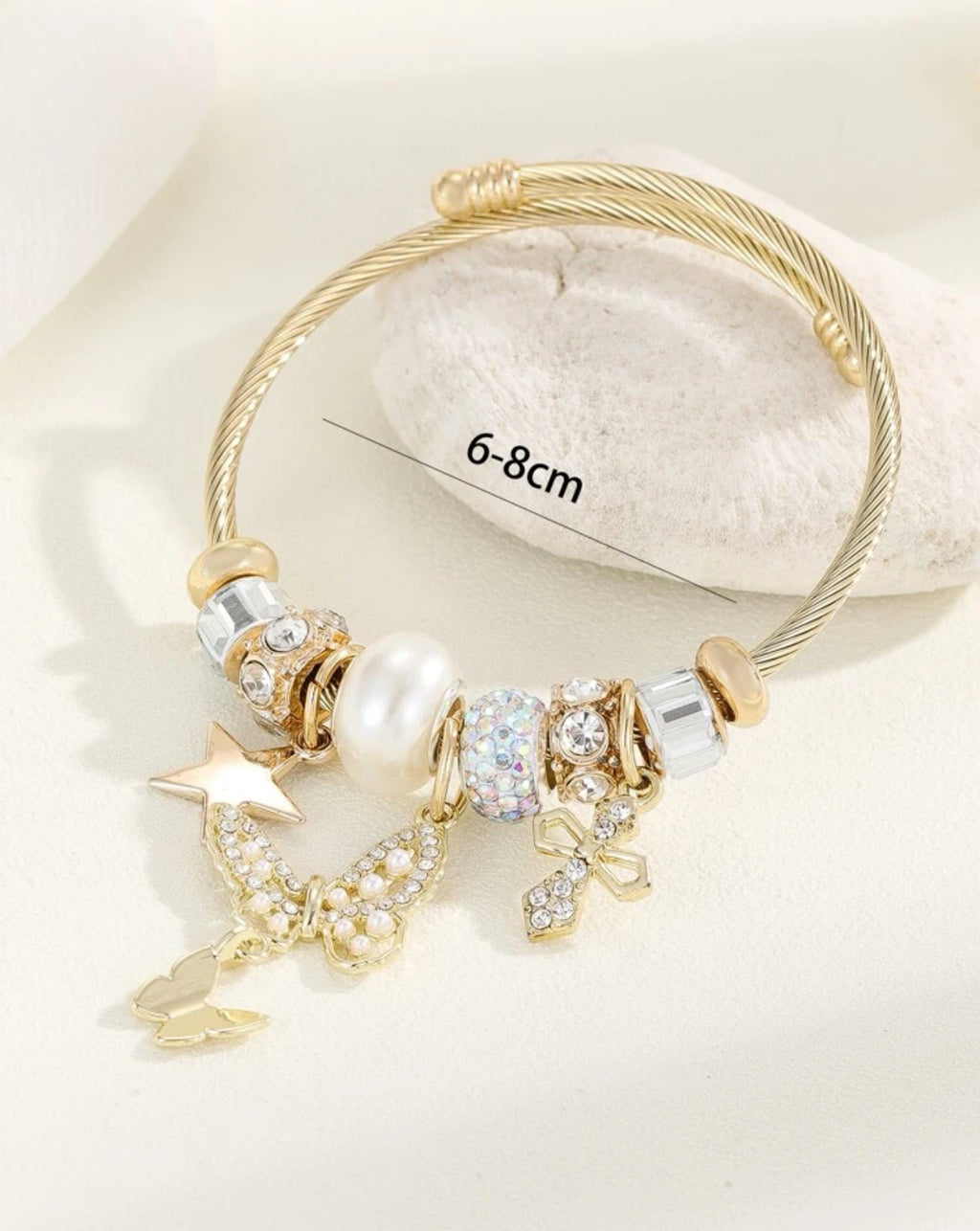 Stainless Steel Hypoallergenic Star and Butterfly Rhinestones Charm Bangle