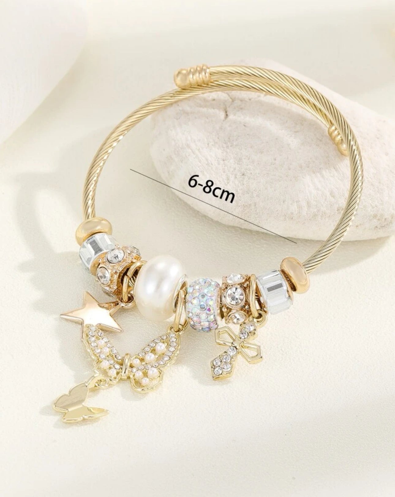 Stainless Steel Hypoallergenic Star and Butterfly Rhinestones Charm Bangle