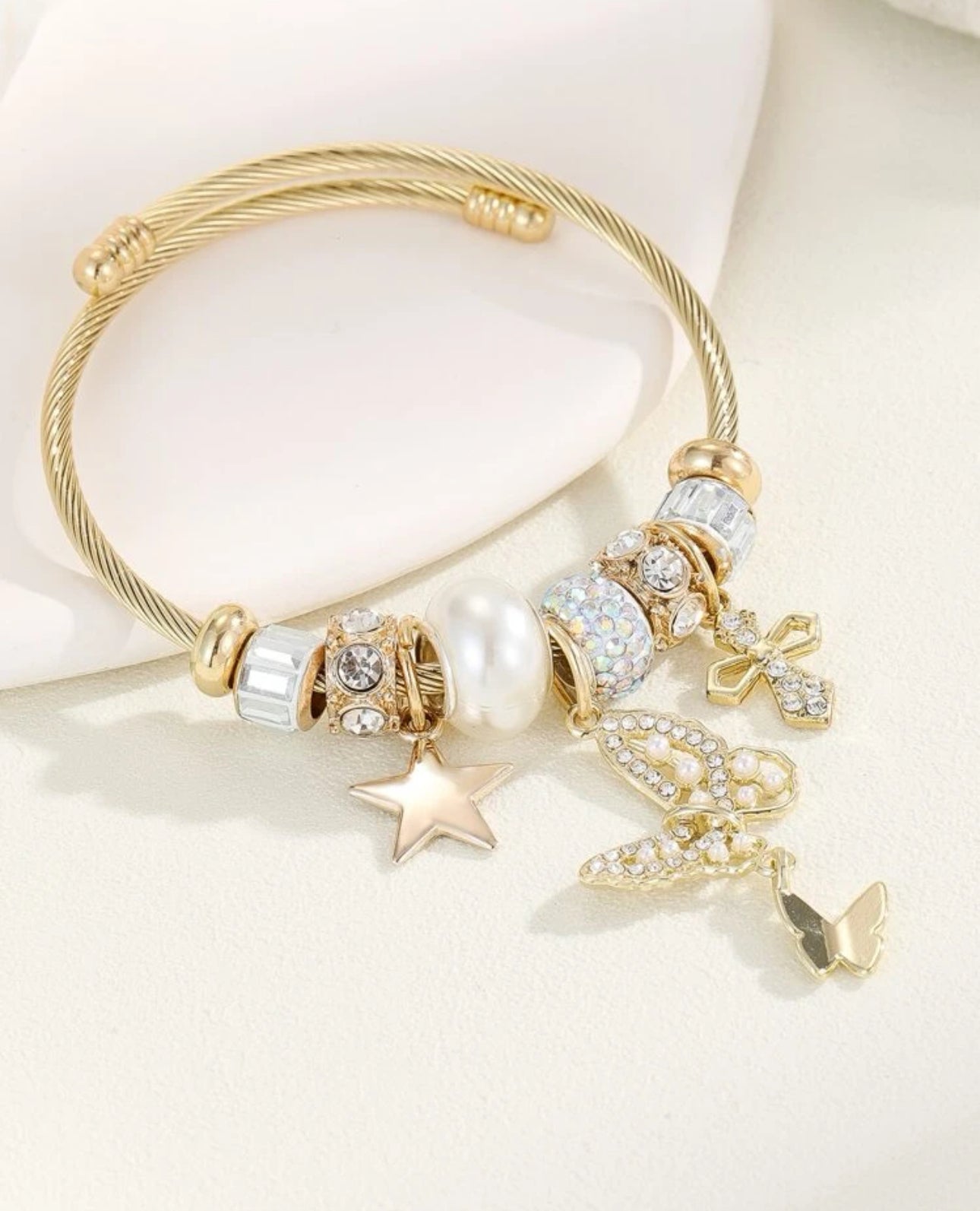 Stainless Steel Hypoallergenic Star and Butterfly Rhinestones Charm Bangle
