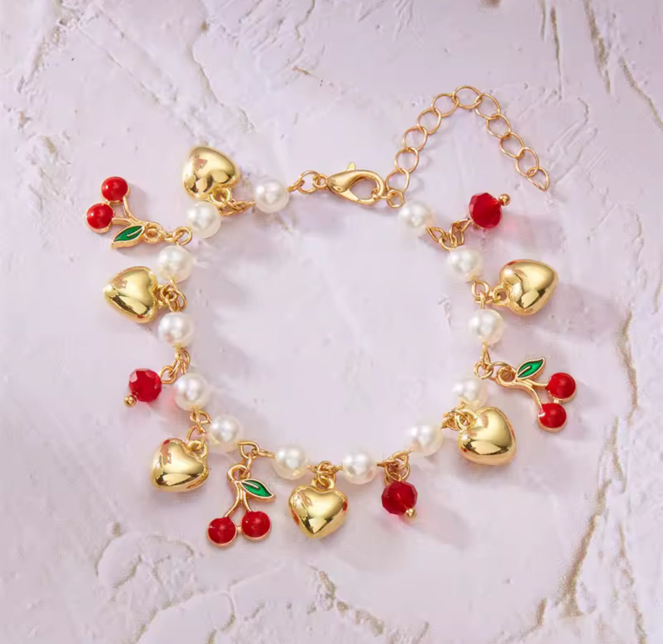 Cute Elegant Red Cherry and Heart Charm Bracelet 18K Gold Plated Chain|Stainless Steel,Non Tarnished,Waterproof Hypoallergenic Material