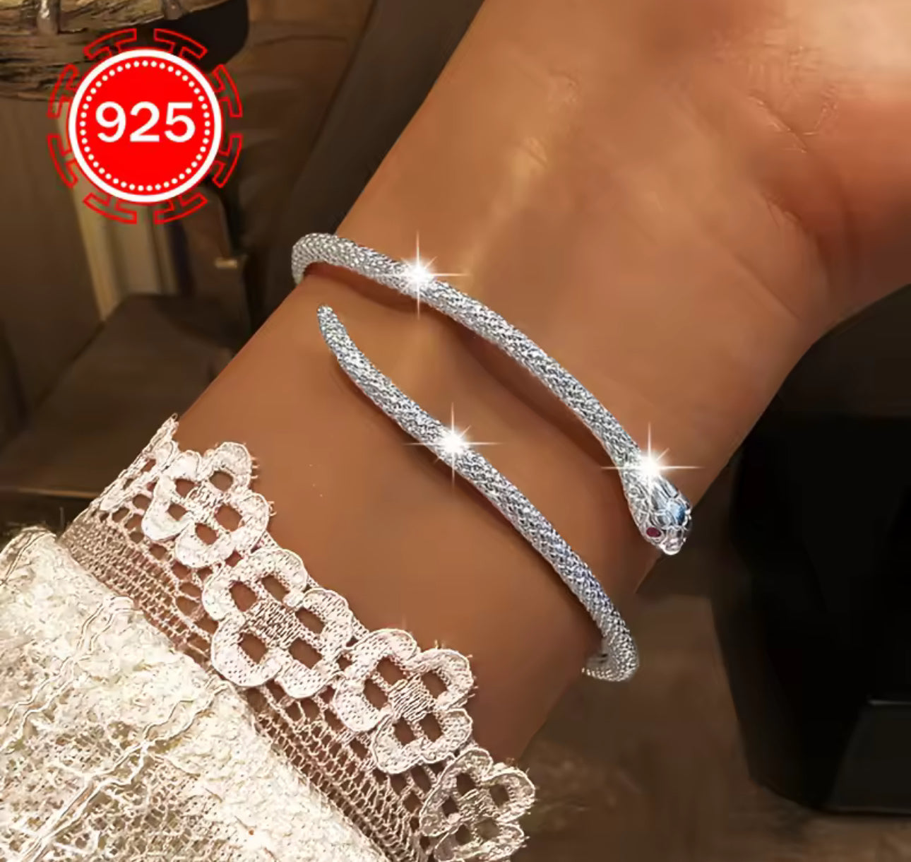 Elegant Snake Open Bracelet|Sterling Silver Hypoallergenic Adjustable Bangle