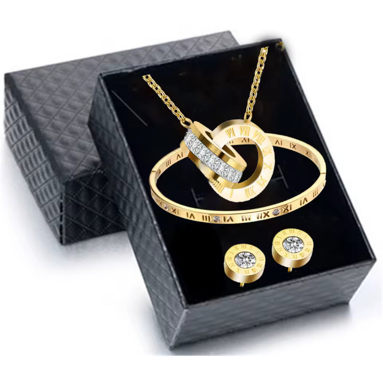 Elegant Roman Numerals Design with Inlaid Stones Necklace|Bracelet|Earrings Set Made with Stainless Steel Materials Perfect for Daily Use