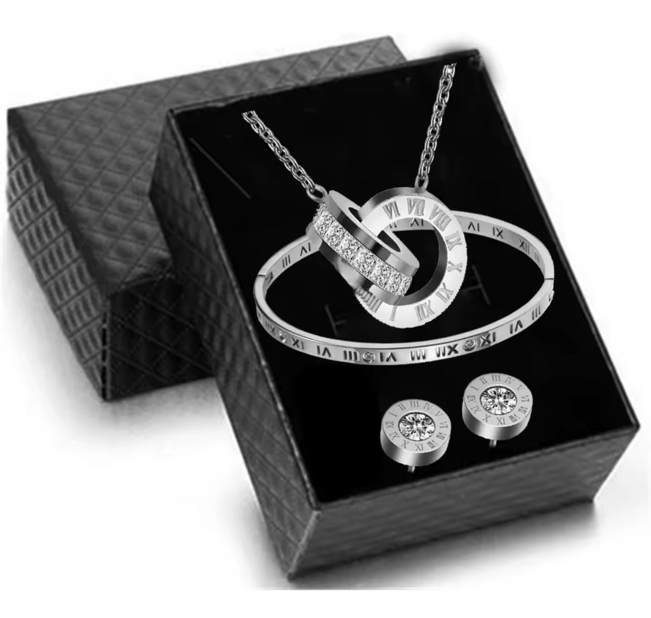 Elegant Roman Numerals Design with Inlaid Stones Necklace|Bracelet|Earrings Set Made with Stainless Steel Materials Perfect for Daily Use