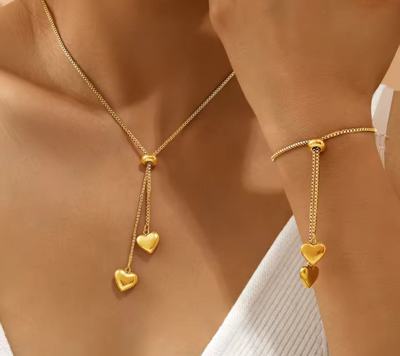 Bohemian Chic Thick Golden Chain Heart Necklace and Bracelet Exquisite Stainless Steel Set