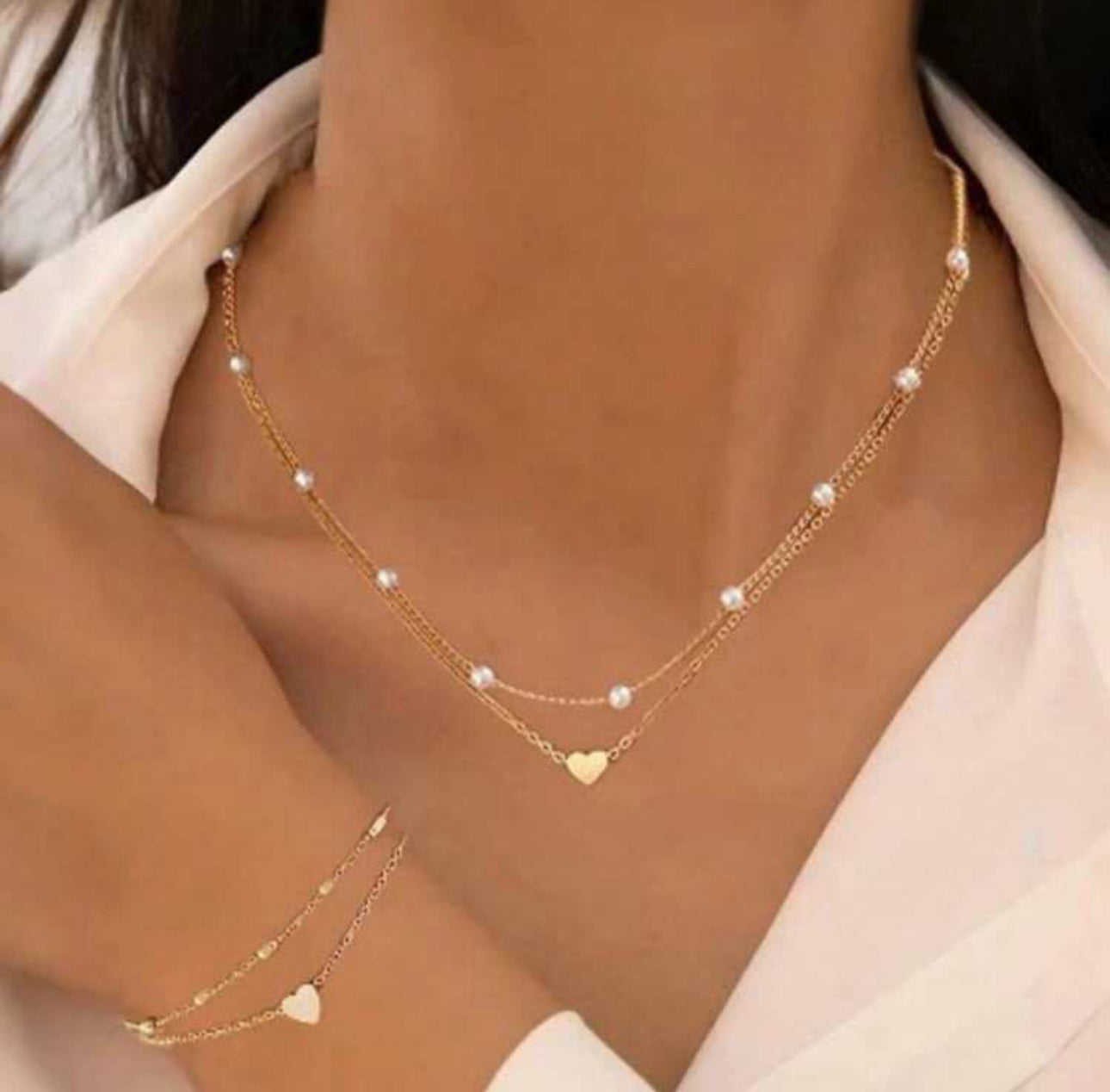 Simple Heart Bead Faux Pearl Necklace Bracelet Set