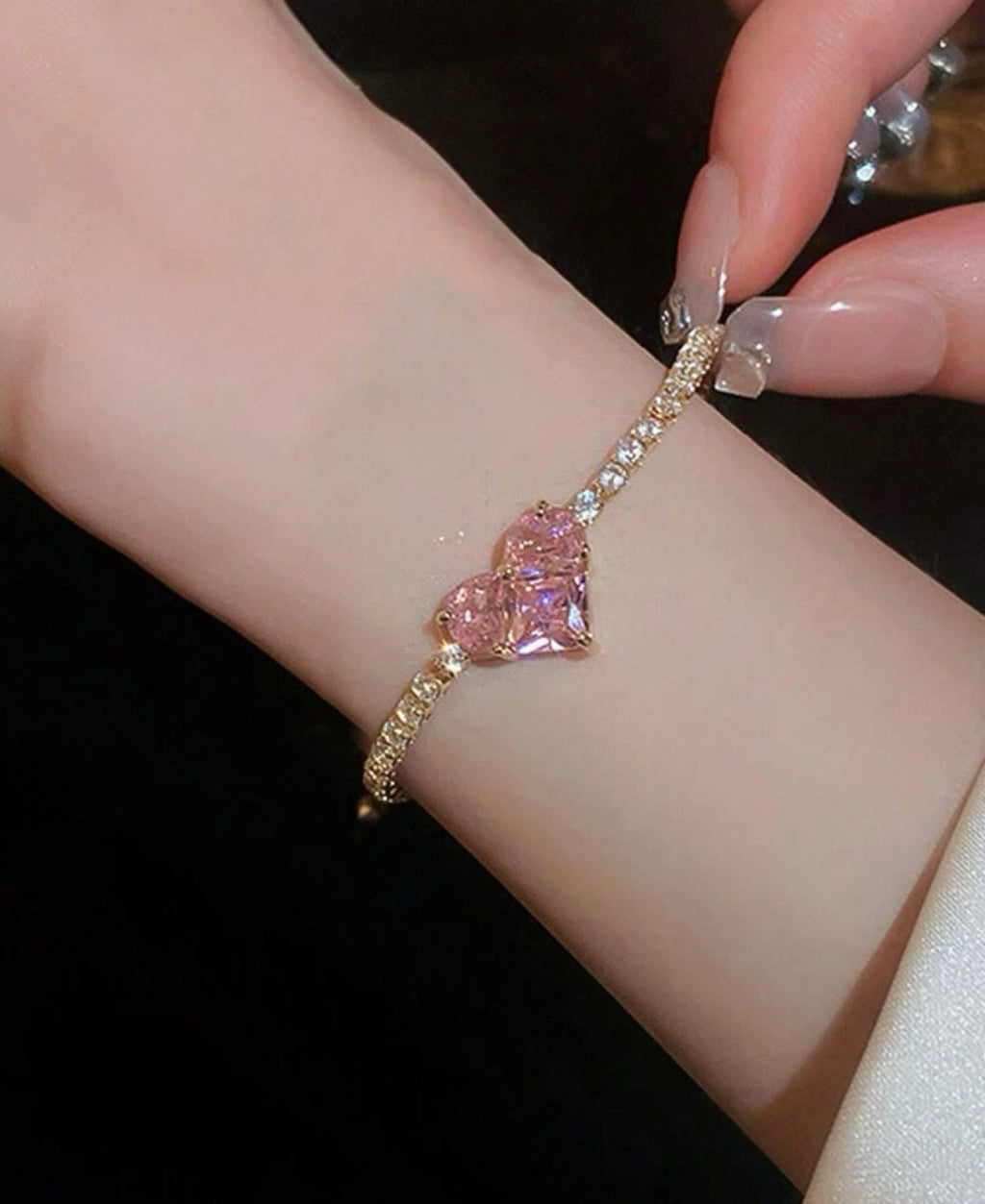 Luxury Heart and Rhinestones Bracelet Sterling Silver Non Tarnished