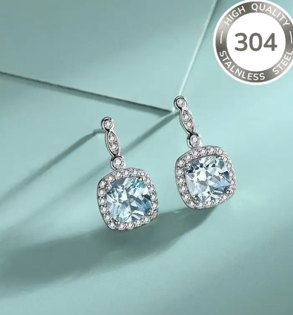 Stainless Steel Hypoallergenic Aquamarine Drop Earrings
