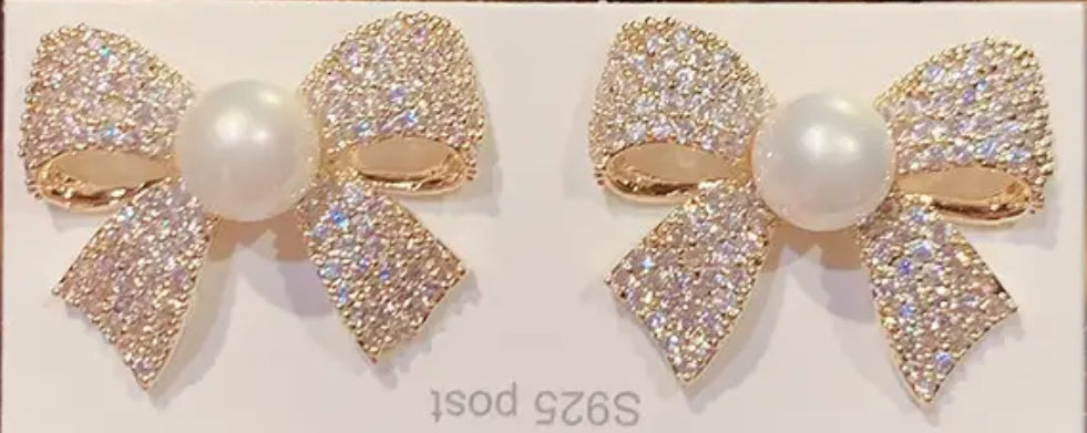 Stainless Steel Hypoallergenic Luxury Ribbon w/ Faux Pearl Earrings