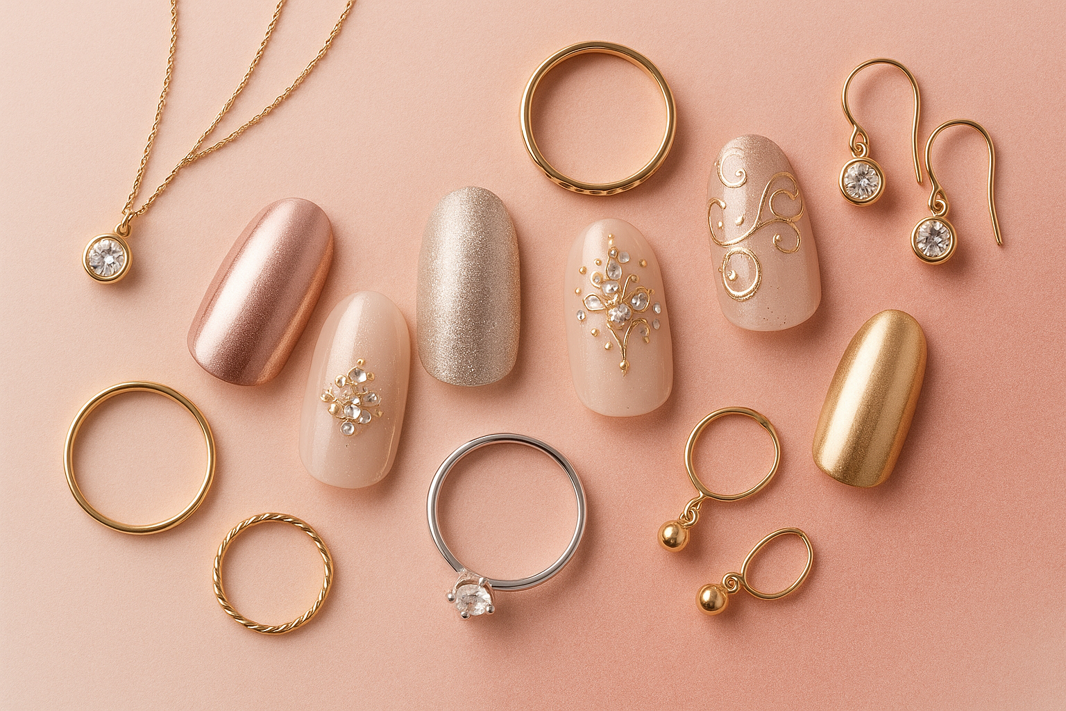 Jewelry and press on nail in pink background